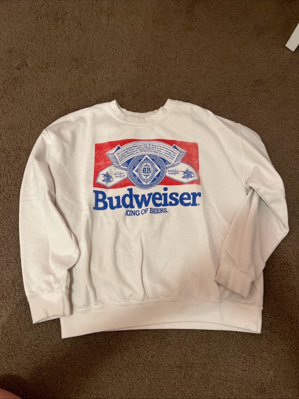 Budweiser White Crewneck Sweatshirt with Red & Blue Logo